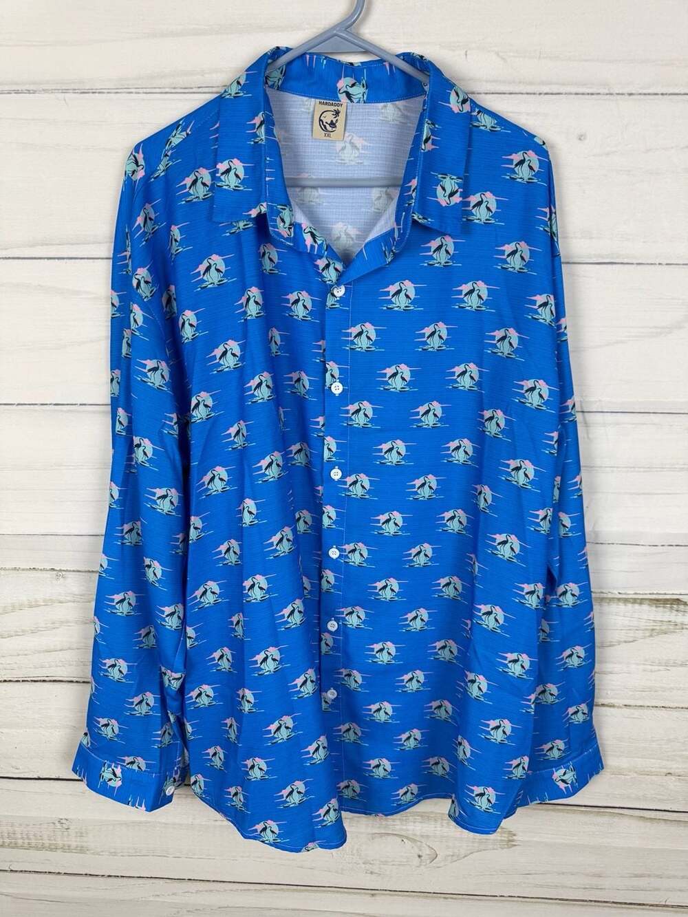 Hardaddy Blue Crane Sunrise Print Long Sleeve Button Down Shirt XXL